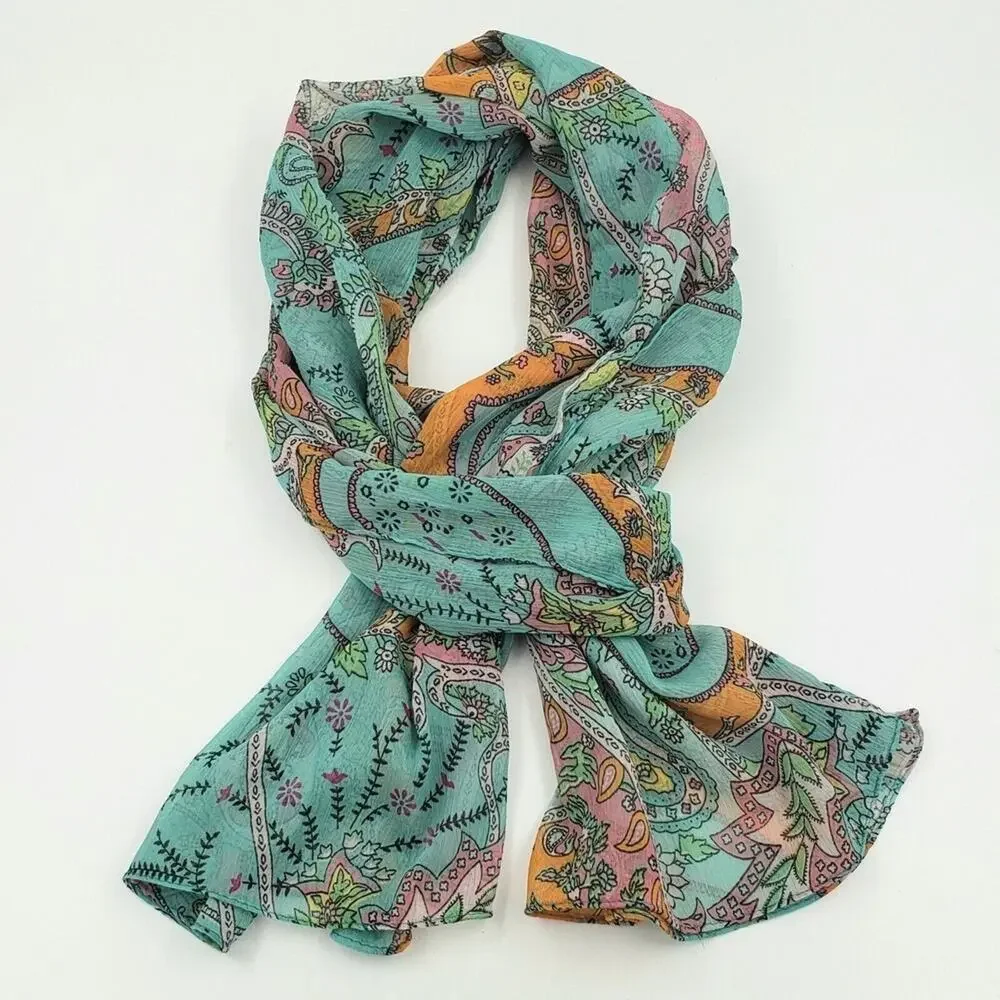 SACRED THREADS Boho Colorful Scarf Aqua Pink Paisley Floral Sheer Crinkle NEW